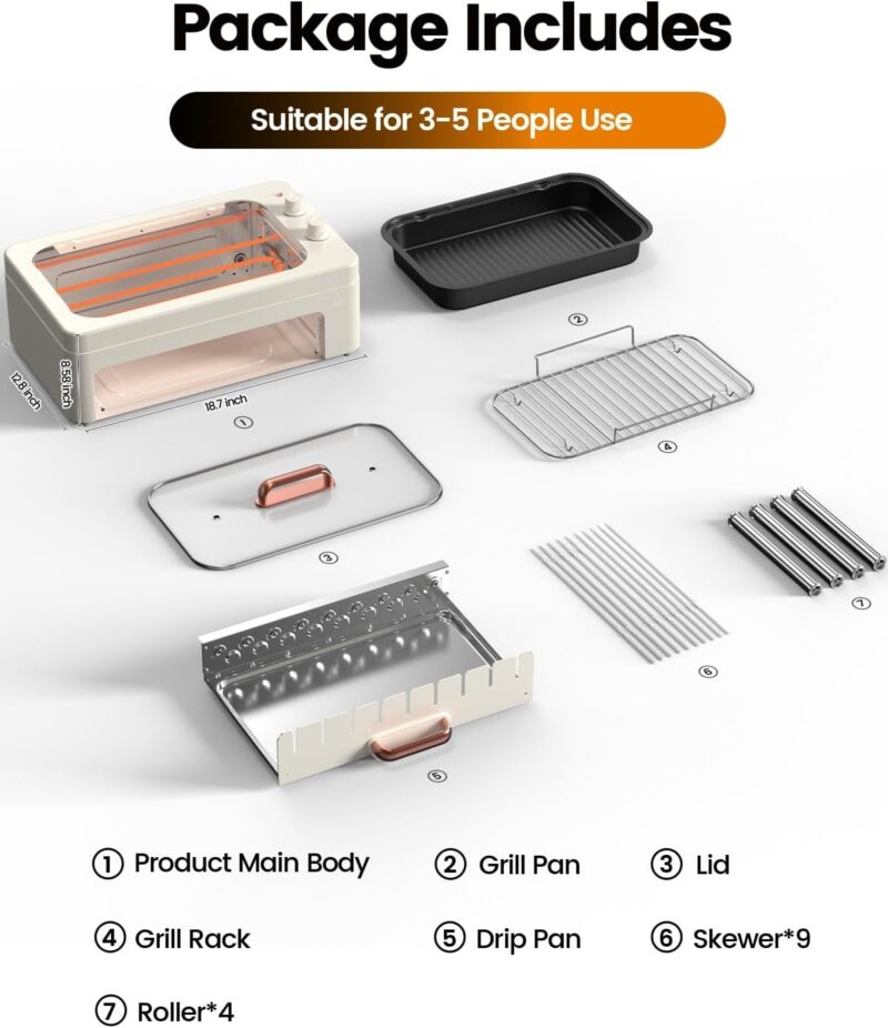 4-in-1 Electric Indoor Grill Smokeless for Home.Countertop Electric Grill with Removable Sizzling Grill Pan & Grate + Auto Rotating Kabob Skewers + Electric Hot Dog Roller Dual Zone Cook with Lid