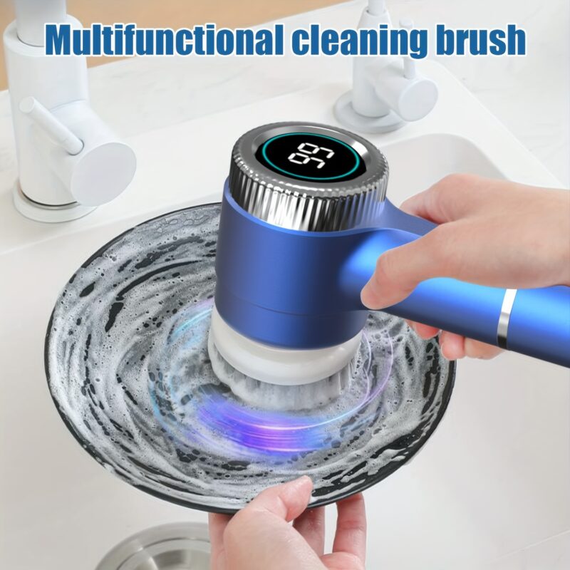 HOTU, 1 Set Electric Cleaning Brush, Electric Spin Scrubber with 5 Replaceable Brush Head, TYPE-C Power Cord Electric Cleaning Brush, Three-Speed Adjustable Handheld Rechargeable Shower Scrubber, for Bathroom, Kitchen, Bathtub, Tile, Shower