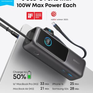 717Vi22BYEL._AC_SL1500_.jpg Anker Laptop Power Bank. 25.000mAh Portable Charger with Triple 100W USB-C Ports. Built-in Retractable Cables. Flight-Approved for Travel. iPhone 17/16 Series. MacBook. Samsung. and More