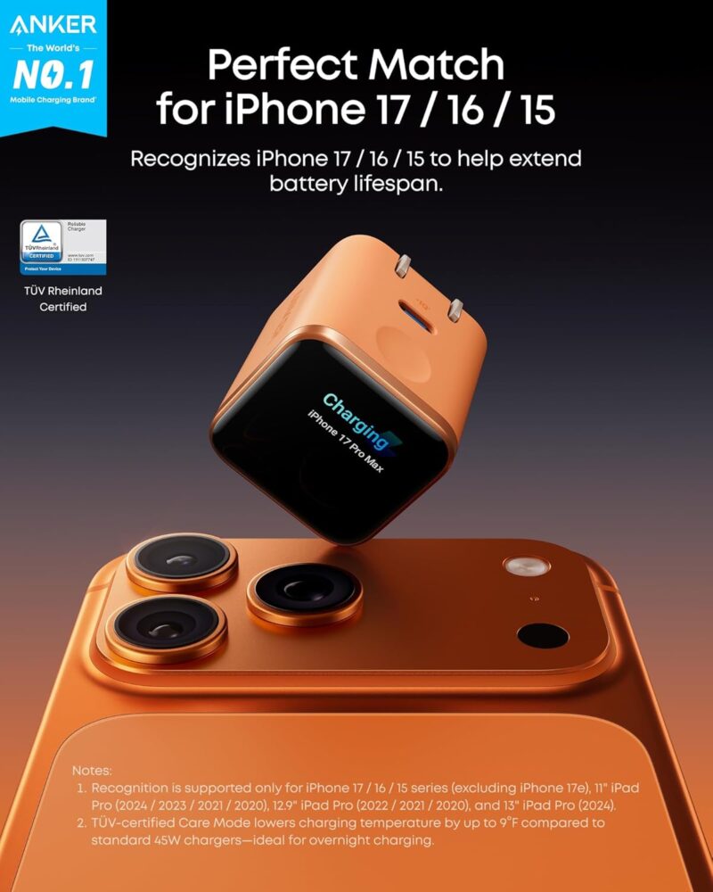 71SbonguXYL._AC_SL1500_.jpg Anker Smart Display Charger. Anker Nano 45W GaN Fast Charging USB C Charger. 180° Foldable Plug. Smart Recognition. Built-in Care Mode. for iPhone17/16/15(Non-Battery.One USB-C Port.No Cable Included)