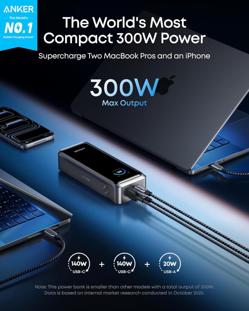 Anker Prime Power Bank. 26.250mAh 3-Port Portable Charger with 300W Max Output. Two-Way Charging. TSA-Approved. App Control. for MacBook. iPhone 17/16 Series. and More (Base Not Included)