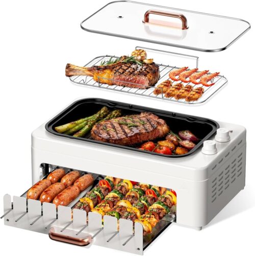 71Ua-KvEsKL._AC_SL1500_.jpg 4-in-1 Electric Indoor Grill Smokeless for Home.Countertop Electric Grill with Removable Sizzling Grill Pan & Grate + Auto Rotating Kabob Skewers + Electric Hot Dog Roller Dual Zone Cook with Lid