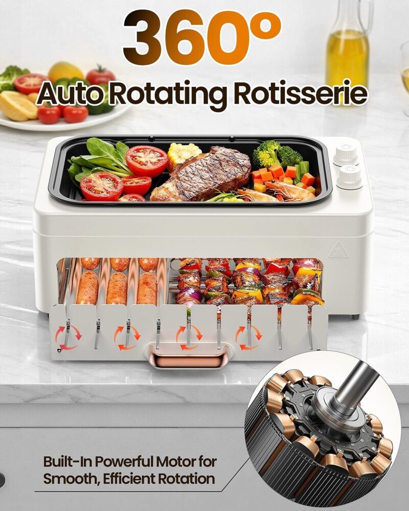 4-in-1 Electric Indoor Grill Smokeless for Home.Countertop Electric Grill with Removable Sizzling Grill Pan & Grate + Auto Rotating Kabob Skewers + Electric Hot Dog Roller Dual Zone Cook with Lid