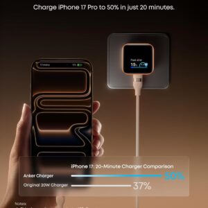 71ZI8MR-LL._AC_SL1500_.jpg Anker Smart Display Charger. Anker Nano 45W GaN Fast Charging USB C Charger. 180° Foldable Plug. Smart Recognition. Built-in Care Mode. for iPhone17/16/15(Non-Battery.One USB-C Port.No Cable Included)