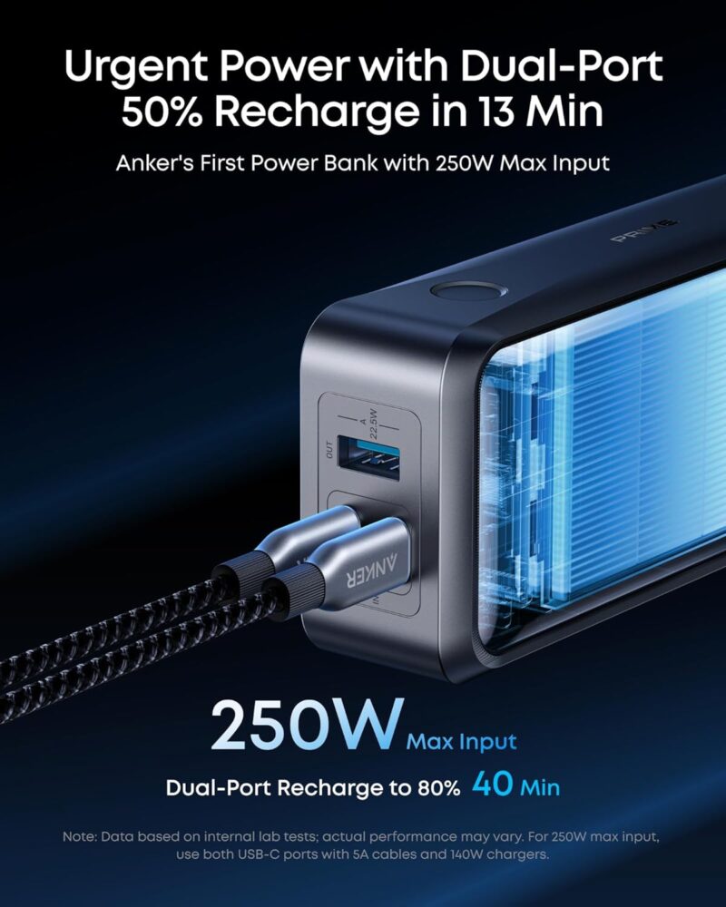 Anker Prime Power Bank. 26.250mAh 3-Port Portable Charger with 300W Max Output. Two-Way Charging. TSA-Approved. App Control. for MacBook. iPhone 17/16 Series. and More (Base Not Included)