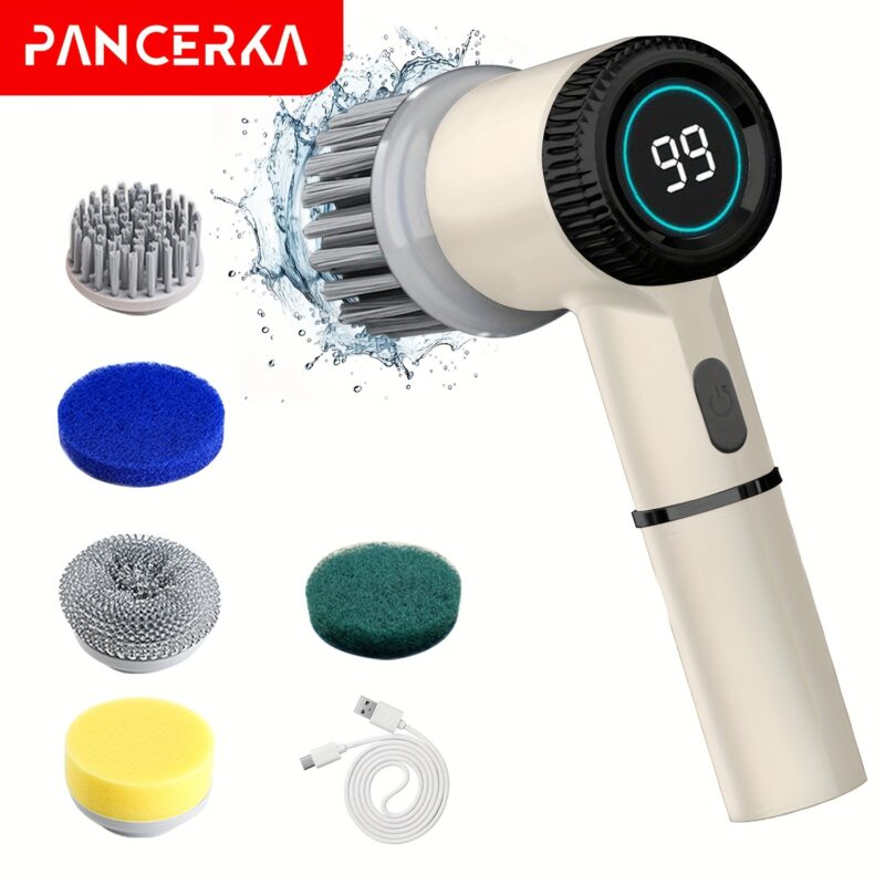 HOTU, 1 Set Electric Cleaning Brush, Electric Spin Scrubber with 5 Replaceable Brush Head, TYPE-C Power Cord Electric Cleaning Brush, Three-Speed Adjustable Handheld Rechargeable Shower Scrubber, for Bathroom, Kitchen, Bathtub, Tile, Shower