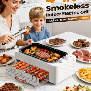 4-in-1 Electric Indoor Grill Smokeless for Home.Countertop Electric Grill with Removable Sizzling Grill Pan & Grate + Auto Rotating Kabob Skewers + Electric Hot Dog Roller Dual Zone Cook with Lid