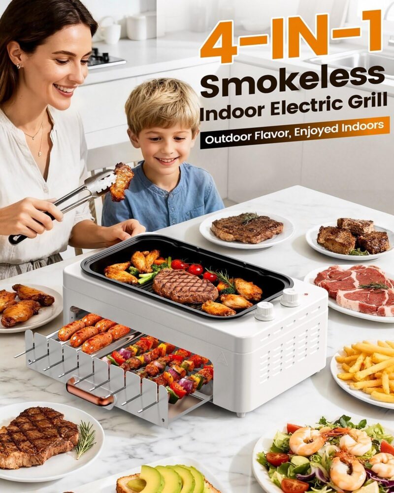 4-in-1 Electric Indoor Grill Smokeless for Home.Countertop Electric Grill with Removable Sizzling Grill Pan & Grate + Auto Rotating Kabob Skewers + Electric Hot Dog Roller Dual Zone Cook with Lid