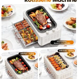 4-in-1 Electric Indoor Grill Smokeless for Home.Countertop Electric Grill with Removable Sizzling Grill Pan & Grate + Auto Rotating Kabob Skewers + Electric Hot Dog Roller Dual Zone Cook with Lid