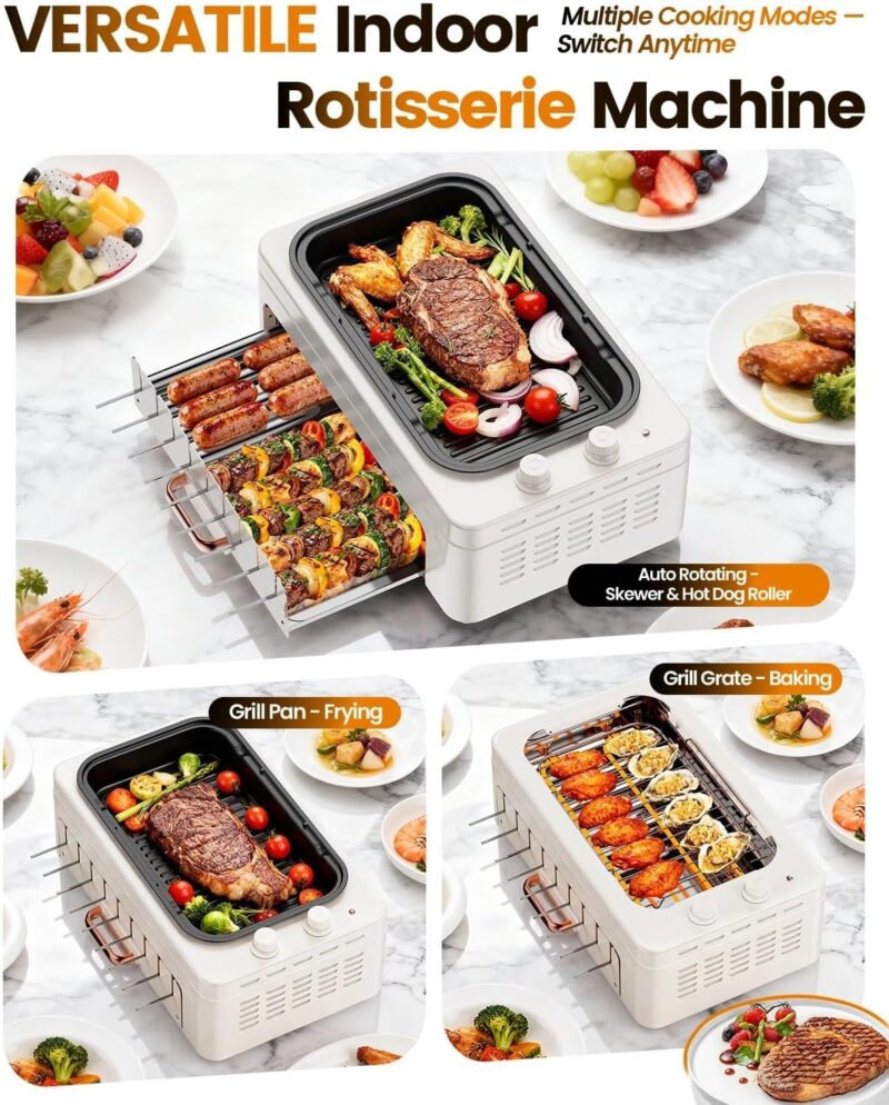 4-in-1 Electric Indoor Grill Smokeless for Home.Countertop Electric Grill with Removable Sizzling Grill Pan & Grate + Auto Rotating Kabob Skewers + Electric Hot Dog Roller Dual Zone Cook with Lid