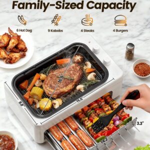 4-in-1 Electric Indoor Grill Smokeless for Home.Countertop Electric Grill with Removable Sizzling Grill Pan & Grate + Auto Rotating Kabob Skewers + Electric Hot Dog Roller Dual Zone Cook with Lid