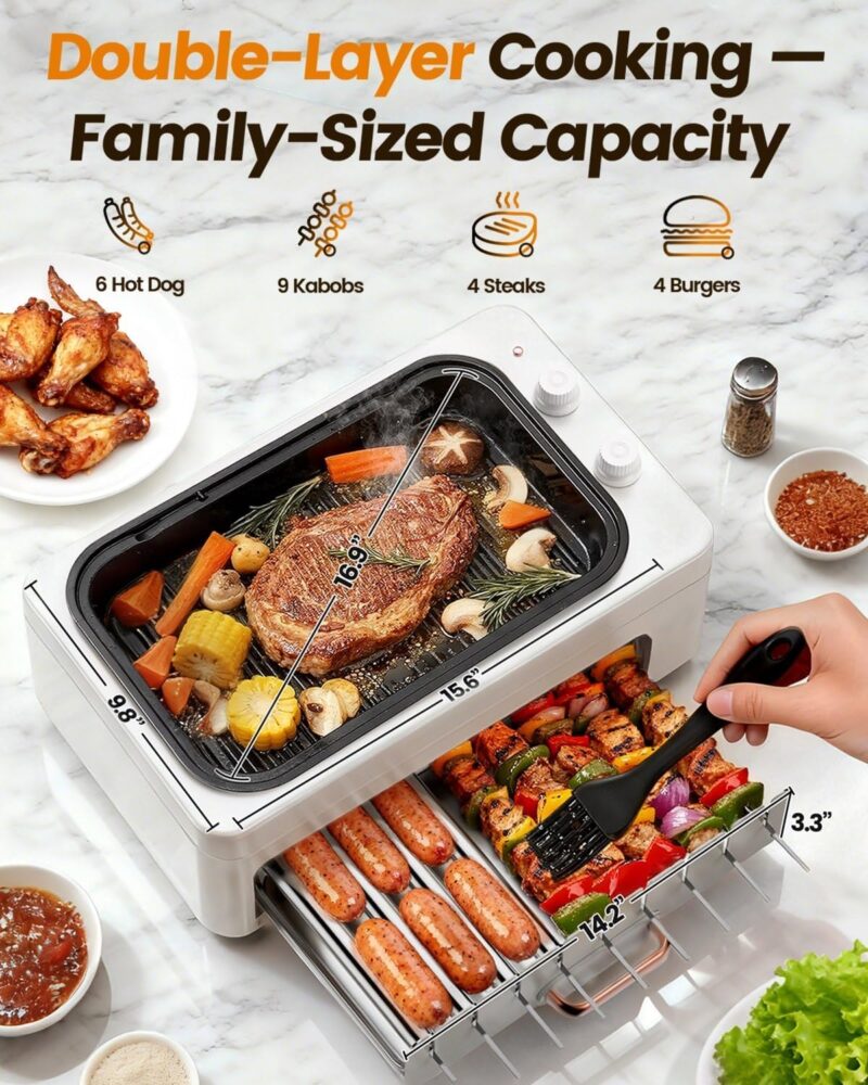 4-in-1 Electric Indoor Grill Smokeless for Home.Countertop Electric Grill with Removable Sizzling Grill Pan & Grate + Auto Rotating Kabob Skewers + Electric Hot Dog Roller Dual Zone Cook with Lid