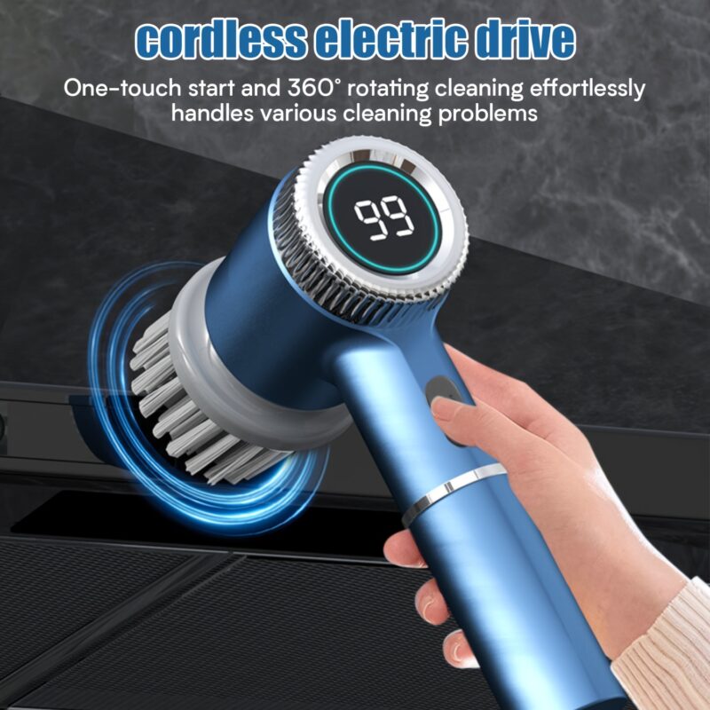 HOTU, 1 Set Electric Cleaning Brush, Electric Spin Scrubber with 5 Replaceable Brush Head, TYPE-C Power Cord Electric Cleaning Brush, Three-Speed Adjustable Handheld Rechargeable Shower Scrubber, for Bathroom, Kitchen, Bathtub, Tile, Shower