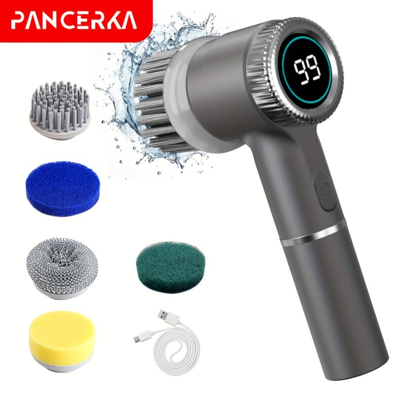 HOTU, 1 Set Electric Cleaning Brush, Electric Spin Scrubber with 5 Replaceable Brush Head, TYPE-C Power Cord Electric Cleaning Brush, Three-Speed Adjustable Handheld Rechargeable Shower Scrubber, for Bathroom, Kitchen, Bathtub, Tile, Shower