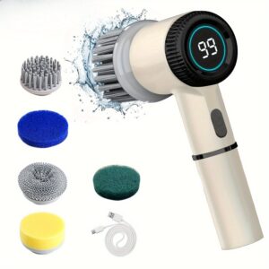 HOTU, 1 Set Electric Cleaning Brush, Electric Spin Scrubber with 5 Replaceable Brush Head, TYPE-C Power Cord Electric Cleaning Brush, Three-Speed Adjustable Handheld Rechargeable Shower Scrubber, for Bathroom, Kitchen, Bathtub, Tile, Shower