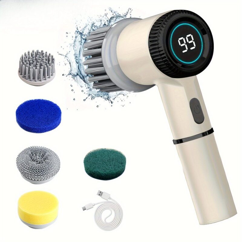 HOTU, 1 Set Electric Cleaning Brush, Electric Spin Scrubber with 5 Replaceable Brush Head, TYPE-C Power Cord Electric Cleaning Brush, Three-Speed Adjustable Handheld Rechargeable Shower Scrubber, for Bathroom, Kitchen, Bathtub, Tile, Shower