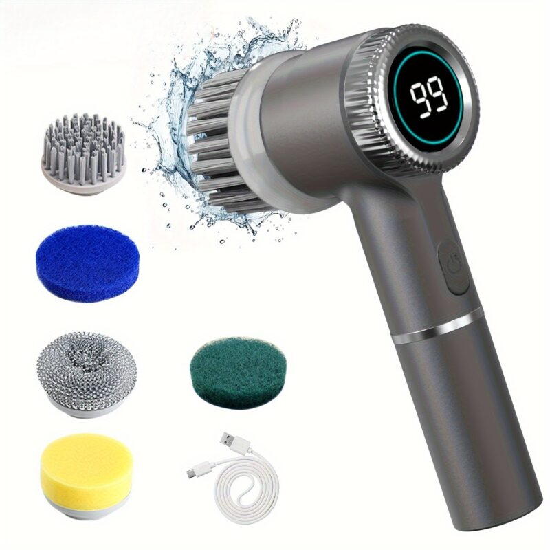 HOTU, 1 Set Electric Cleaning Brush, Electric Spin Scrubber with 5 Replaceable Brush Head, TYPE-C Power Cord Electric Cleaning Brush, Three-Speed Adjustable Handheld Rechargeable Shower Scrubber, for Bathroom, Kitchen, Bathtub, Tile, Shower