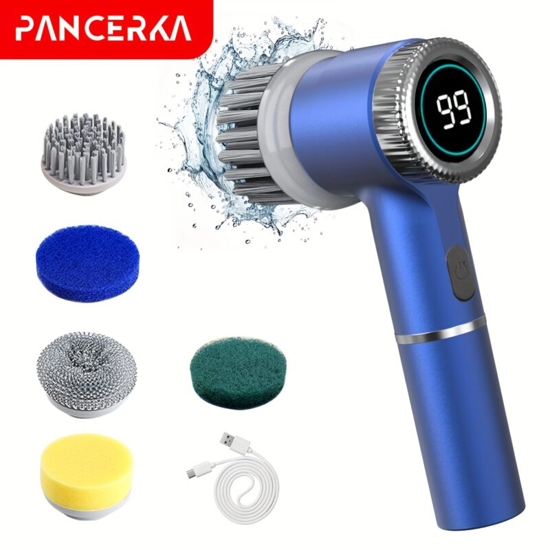 HOTU, 1 Set Electric Cleaning Brush, Electric Spin Scrubber with 5 Replaceable Brush Head, TYPE-C Power Cord Electric Cleaning Brush, Three-Speed Adjustable Handheld Rechargeable Shower Scrubber, for Bathroom, Kitchen, Bathtub, Tile, Shower