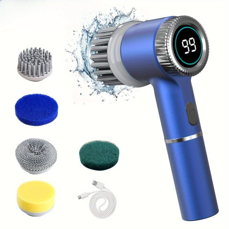 HOTU, 1 Set Electric Cleaning Brush, Electric Spin Scrubber with 5 Replaceable Brush Head, TYPE-C Power Cord Electric Cleaning Brush, Three-Speed Adjustable Handheld Rechargeable Shower Scrubber, for Bathroom, Kitchen, Bathtub, Tile, Shower