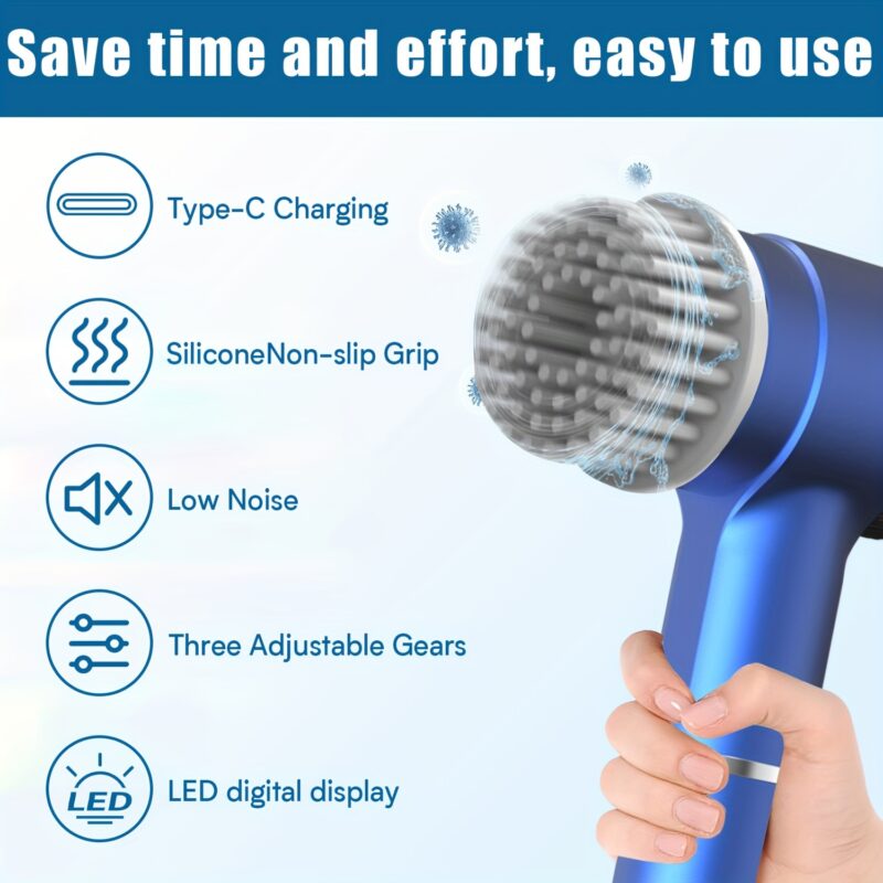 HOTU, 1 Set Electric Cleaning Brush, Electric Spin Scrubber with 5 Replaceable Brush Head, TYPE-C Power Cord Electric Cleaning Brush, Three-Speed Adjustable Handheld Rechargeable Shower Scrubber, for Bathroom, Kitchen, Bathtub, Tile, Shower