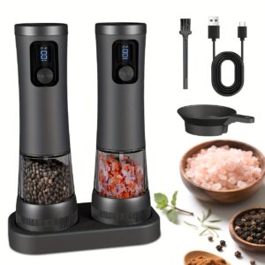 1pcu002F2pcs Automatic Electric Pepper & Salt Grinder - LED Display Stainless Steel Mill, External Coarseness Adjustment, Rechargeable Electric Pepper Mill, Upgraded Larger Capacity, One-Hand Operation, Perfect Gift for Home & Kitchen, Durable Kitchen Tool, Kitchen Grinder, Sleek Design, Highquality Build, Cooking Enthusiasts, Modern Kitchenware, Sturdy Construction, Cooking Hobbyists, Salt And Pepper Setu002Fmill, Kitchen Accessory