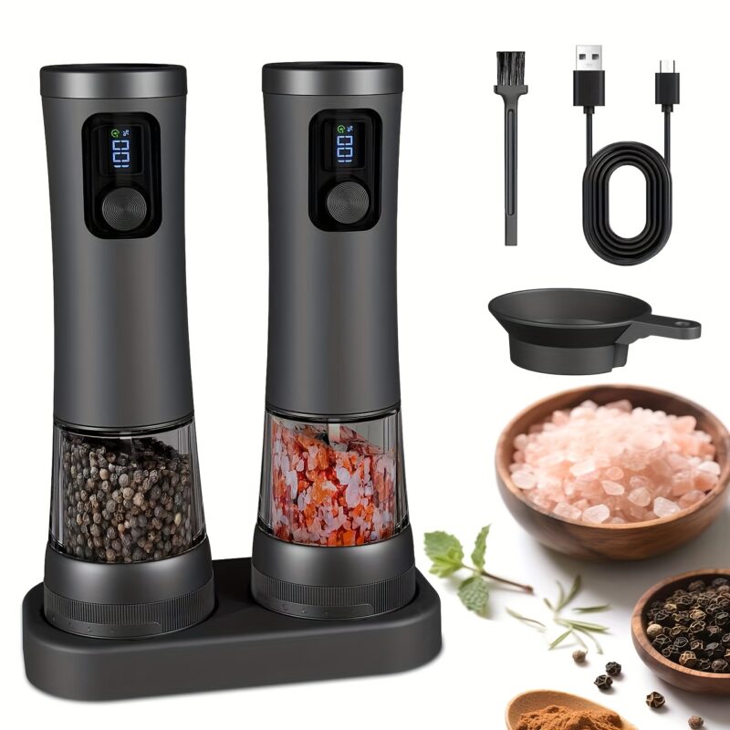 1pcu002F2pcs Automatic Electric Pepper & Salt Grinder - LED Display Stainless Steel Mill, External Coarseness Adjustment, Rechargeable Electric Pepper Mill, Upgraded Larger Capacity, One-Hand Operation, Perfect Gift for Home & Kitchen, Durable Kitchen Tool, Kitchen Grinder, Sleek Design, Highquality Build, Cooking Enthusiasts, Modern Kitchenware, Sturdy Construction, Cooking Hobbyists, Salt And Pepper Setu002Fmill, Kitchen Accessory