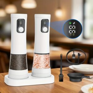 1pcu002F2pcs Automatic Electric Pepper & Salt Grinder - LED Display Stainless Steel Mill, External Coarseness Adjustment, Rechargeable Electric Pepper Mill, Upgraded Larger Capacity, One-Hand Operation, Perfect Gift for Home & Kitchen, Durable Kitchen Tool, Kitchen Grinder, Sleek Design, Highquality Build, Cooking Enthusiasts, Modern Kitchenware, Sturdy Construction, Cooking Hobbyists, Salt And Pepper Setu002Fmill, Kitchen Accessory