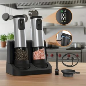 1pcu002F2pcs Automatic Electric Pepper & Salt Grinder - LED Display Stainless Steel Mill, External Coarseness Adjustment, Rechargeable Electric Pepper Mill, Upgraded Larger Capacity, One-Hand Operation, Perfect Gift for Home & Kitchen, Durable Kitchen Tool, Kitchen Grinder, Sleek Design, Highquality Build, Cooking Enthusiasts, Modern Kitchenware, Sturdy Construction, Cooking Hobbyists, Salt And Pepper Setu002Fmill, Kitchen Accessory