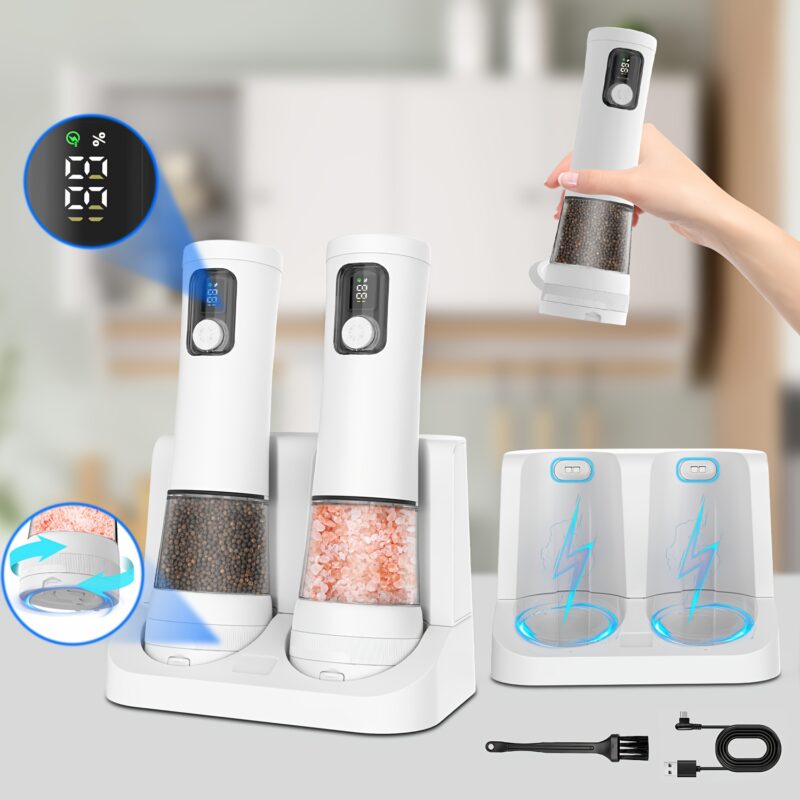 1pcu002F2pcs Automatic Electric Pepper & Salt Grinder - LED Display Stainless Steel Mill, External Coarseness Adjustment, Rechargeable Electric Pepper Mill, Upgraded Larger Capacity, One-Hand Operation, Perfect Gift for Home & Kitchen, Durable Kitchen Tool, Kitchen Grinder, Sleek Design, Highquality Build, Cooking Enthusiasts, Modern Kitchenware, Sturdy Construction, Cooking Hobbyists, Salt And Pepper Setu002Fmill, Kitchen Accessory