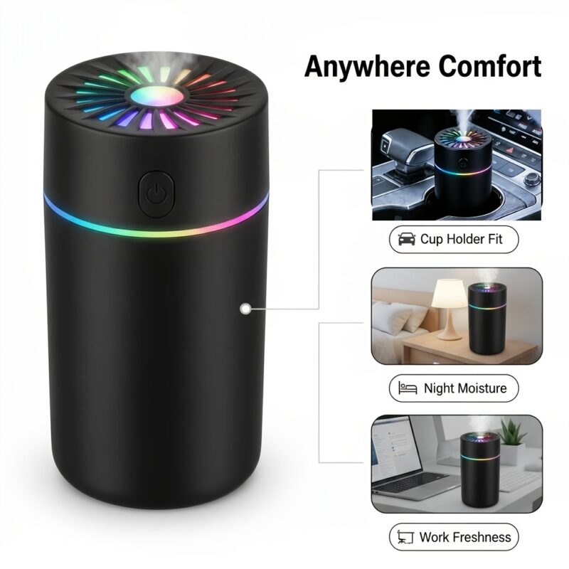 2-in-1 Car Aroma Diffuser & Humidifier: 7-Color LED Sonic Mist for Car, Office & Home