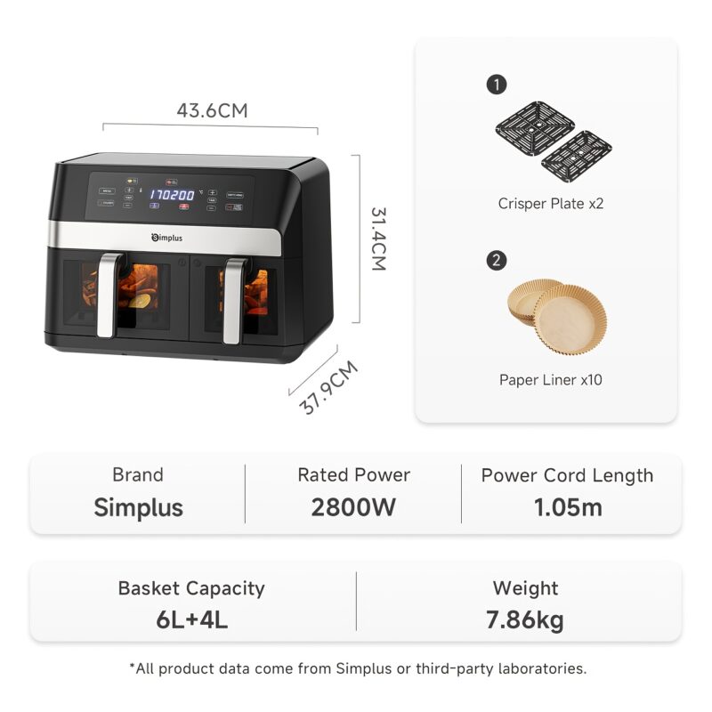 Simplus 10L Dual-Basket Air Fryer: Transparent Window + Clear LCD Display, 11 Predefined Settings, Perfect for Family Events