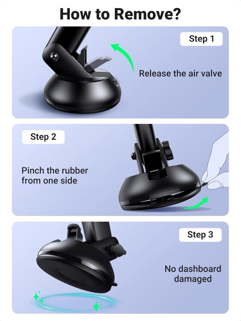 61TUydX1wgL._AC_SL1500_.jpg UGREEN Car Phone Holder Mount. Dashboard Windshield Smartphone Cradle. Strong Suction. Compatible with iPhone 16 Pro Max. Galaxy S24 Ultra