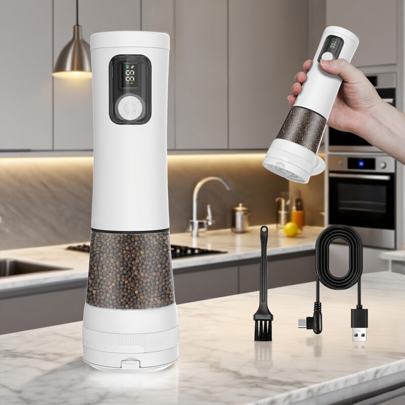 1pcu002F2pcs Automatic Electric Pepper & Salt Grinder - LED Display Stainless Steel Mill, External Coarseness Adjustment, Rechargeable Electric Pepper Mill, Upgraded Larger Capacity, One-Hand Operation, Perfect Gift for Home & Kitchen, Durable Kitchen Tool, Kitchen Grinder, Sleek Design, Highquality Build, Cooking Enthusiasts, Modern Kitchenware, Sturdy Construction, Cooking Hobbyists, Salt And Pepper Setu002Fmill, Kitchen Accessory