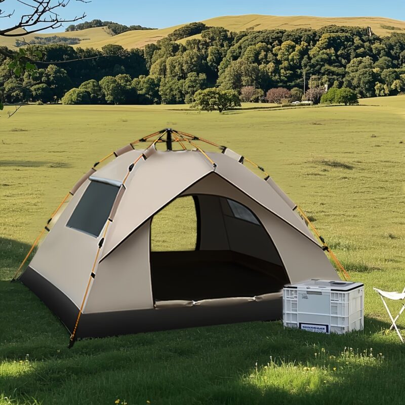 Outdoor 4 Person Family Camping Tent - Automatic Pop Up Camping Tent, Durable Oxford Fabric with Ventilation Mesh, Portable for Beach, Fishing And Hiking, Suitable for Camping, Hiking Gear, Use in Natural Environment, Sturdy Pole Support