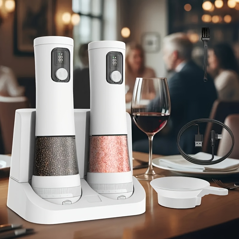 1pcu002F2pcs Automatic Electric Pepper & Salt Grinder - LED Display Stainless Steel Mill, External Coarseness Adjustment, Rechargeable Electric Pepper Mill, Upgraded Larger Capacity, One-Hand Operation, Perfect Gift for Home & Kitchen, Durable Kitchen Tool, Kitchen Grinder, Sleek Design, Highquality Build, Cooking Enthusiasts, Modern Kitchenware, Sturdy Construction, Cooking Hobbyists, Salt And Pepper Setu002Fmill, Kitchen Accessory