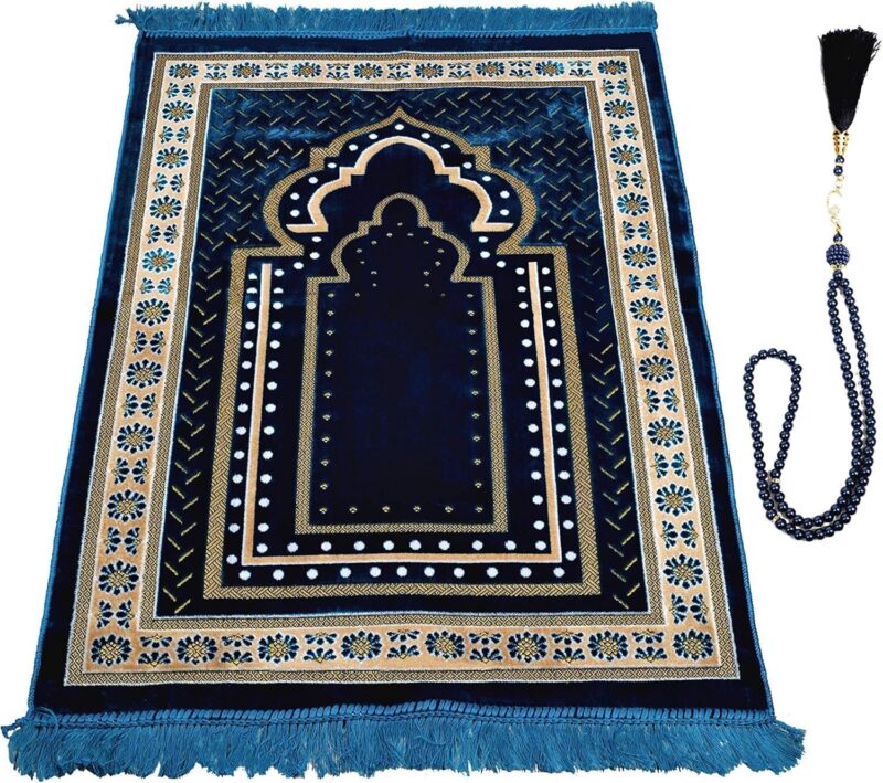 Prayer Mat Rug for Muslim Men. Women or Kids. Portable Praying Mat and Prayer Beads Sets for Islamic Gifts – Muslim Prayer Rug For Ramadan. Umrah. Hajj - Turkish Rug for Meditation and Worship (BLUE)