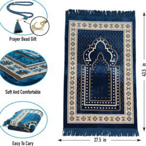 Prayer Mat Rug for Muslim Men. Women or Kids. Portable Praying Mat and Prayer Beads Sets for Islamic Gifts – Muslim Prayer Rug For Ramadan. Umrah. Hajj - Turkish Rug for Meditation and Worship (BLUE)