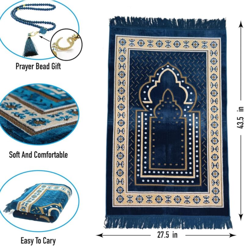Prayer Mat Rug for Muslim Men. Women or Kids. Portable Praying Mat and Prayer Beads Sets for Islamic Gifts – Muslim Prayer Rug For Ramadan. Umrah. Hajj - Turkish Rug for Meditation and Worship (BLUE)