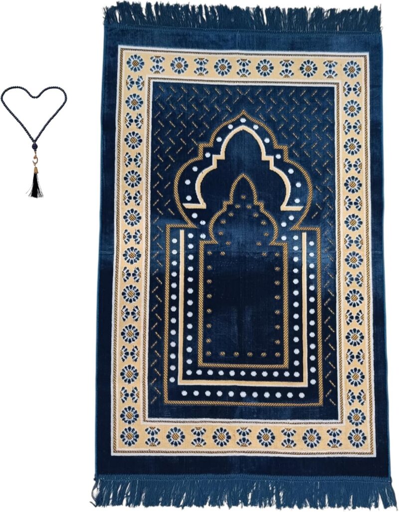 Prayer Mat Rug for Muslim Men. Women or Kids. Portable Praying Mat and Prayer Beads Sets for Islamic Gifts – Muslim Prayer Rug For Ramadan. Umrah. Hajj - Turkish Rug for Meditation and Worship (BLUE)