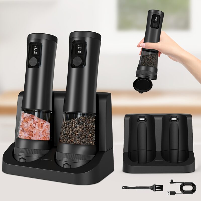 1pcu002F2pcs Automatic Electric Pepper & Salt Grinder - LED Display Stainless Steel Mill, External Coarseness Adjustment, Rechargeable Electric Pepper Mill, Upgraded Larger Capacity, One-Hand Operation, Perfect Gift for Home & Kitchen, Durable Kitchen Tool, Kitchen Grinder, Sleek Design, Highquality Build, Cooking Enthusiasts, Modern Kitchenware, Sturdy Construction, Cooking Hobbyists, Salt And Pepper Setu002Fmill, Kitchen Accessory