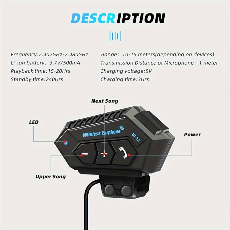 Wireless 12, Wireless Motorcycle Helmet Earphone Headset for Hands-Free Calls And Stereo Music Playback