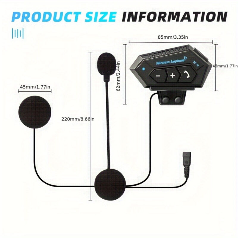 Wireless 12, Wireless Motorcycle Helmet Earphone Headset for Hands-Free Calls And Stereo Music Playback