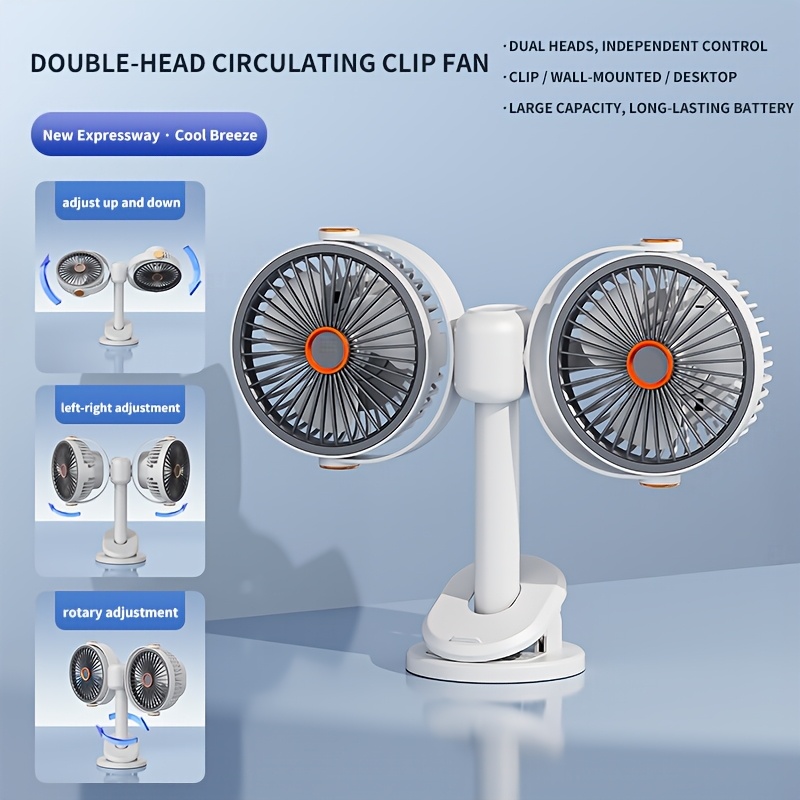 2026 Multifunctional 3-in-1 Clipu002FWall-Mountedu002FStand Circulating Fan, New Desktop Double-Headed Fan, Car Fan, USB Rechargeable Personal Fan with 5 Strong Wind, Quiet Cooling Fan for Home, Office, Bedroom, Camping, Hiking, Car