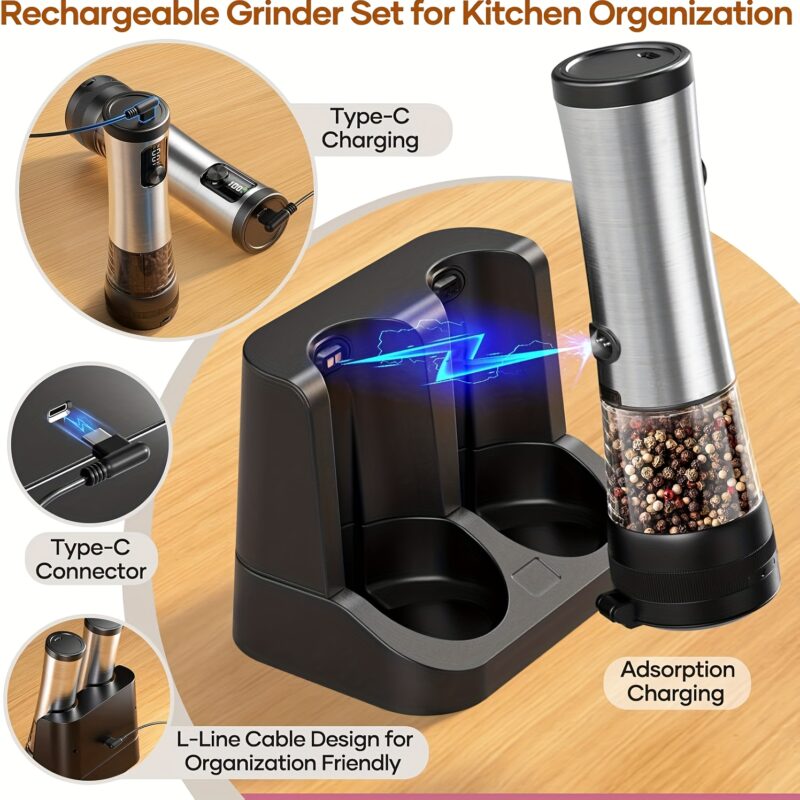 1pcu002F2pcs Automatic Electric Pepper & Salt Grinder - LED Display Stainless Steel Mill, External Coarseness Adjustment, Rechargeable Electric Pepper Mill, Upgraded Larger Capacity, One-Hand Operation, Perfect Gift for Home & Kitchen, Durable Kitchen Tool, Kitchen Grinder, Sleek Design, Highquality Build, Cooking Enthusiasts, Modern Kitchenware, Sturdy Construction, Cooking Hobbyists, Salt And Pepper Setu002Fmill, Kitchen Accessory