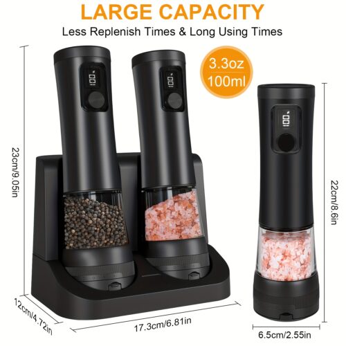 1pcu002F2pcs Automatic Electric Pepper & Salt Grinder - LED Display Stainless Steel Mill, External Coarseness Adjustment, Rechargeable Electric Pepper Mill, Upgraded Larger Capacity, One-Hand Operation, Perfect Gift for Home & Kitchen, Durable Kitchen Tool, Kitchen Grinder, Sleek Design, Highquality Build, Cooking Enthusiasts, Modern Kitchenware, Sturdy Construction, Cooking Hobbyists, Salt And Pepper Setu002Fmill, Kitchen Accessory