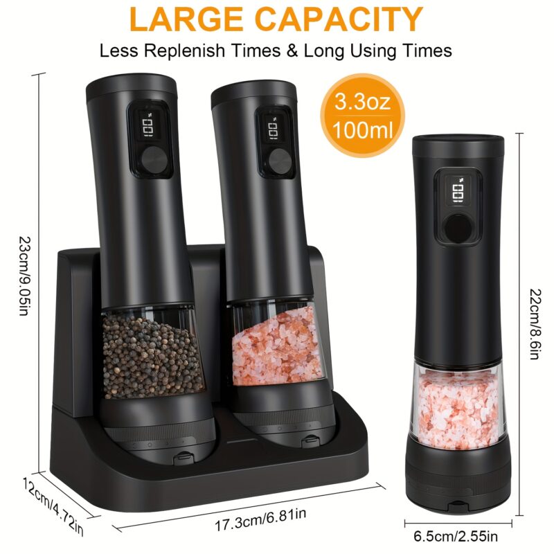 1pcu002F2pcs Automatic Electric Pepper & Salt Grinder - LED Display Stainless Steel Mill, External Coarseness Adjustment, Rechargeable Electric Pepper Mill, Upgraded Larger Capacity, One-Hand Operation, Perfect Gift for Home & Kitchen, Durable Kitchen Tool, Kitchen Grinder, Sleek Design, Highquality Build, Cooking Enthusiasts, Modern Kitchenware, Sturdy Construction, Cooking Hobbyists, Salt And Pepper Setu002Fmill, Kitchen Accessory