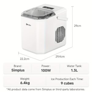 Simplus Ice Maker Household 1.3L Water Tank Compact Design Low Power Automatic Ice Production Self-cleaning Function for Convenience Rapid Ice Production In 7-8 Minutes Compact Size, Multiple Usage Scenarios, Kitchen, Dormitory, Office