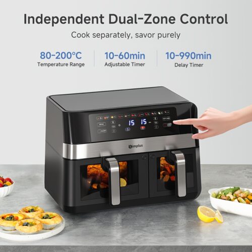 Simplus 10L Dual-Basket Air Fryer: Transparent Window + Clear LCD Display, 11 Predefined Settings, Perfect for Family Events